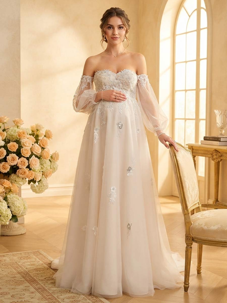 Lavetir Ivory-Nude A-Line/Princess Strapless Long Sleeves Sweep Train Maternity Wedding Dresses with Removable Sleeves 2026