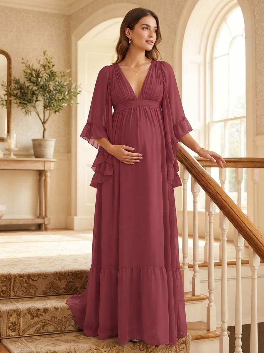Lavetir A-Line/Princess V-Neck 3/4 Sleeves Floor-Length Maternity Bridesmaid Dresses With Ruffle 2026