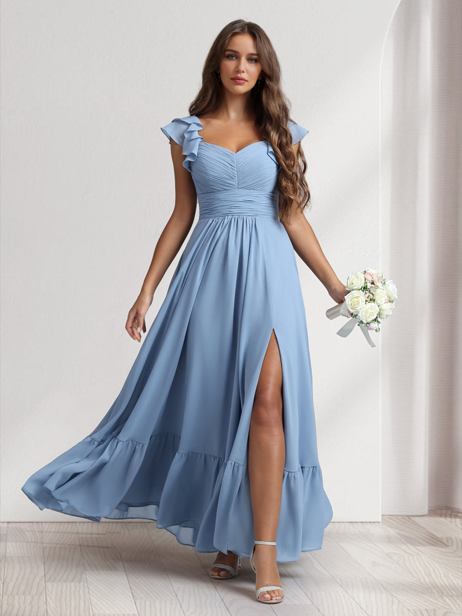 A-Line/Princess V-Neck Ankle-Length Bridesmaid Dresses With Ruffles & Split Side