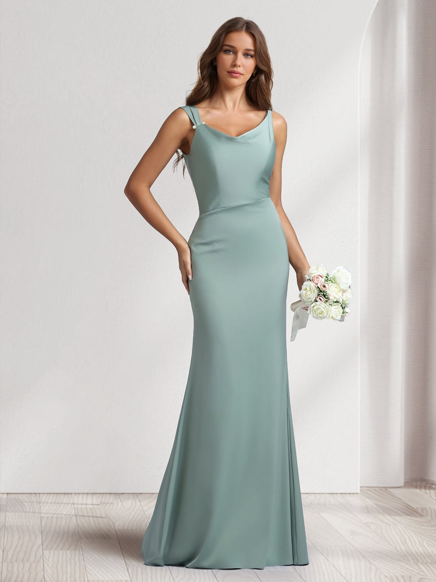 Sheath/Column Cowl Neck Floor-Length Bridesmaid Dresses with Beadings