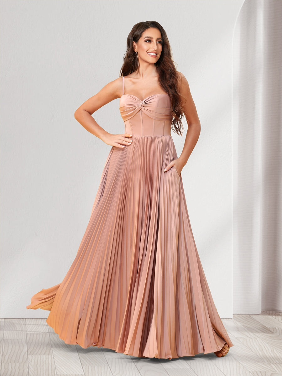 A-Line/Princess Spaghetti Straps Floor-Length Bridesmaid Dresses With Pleats