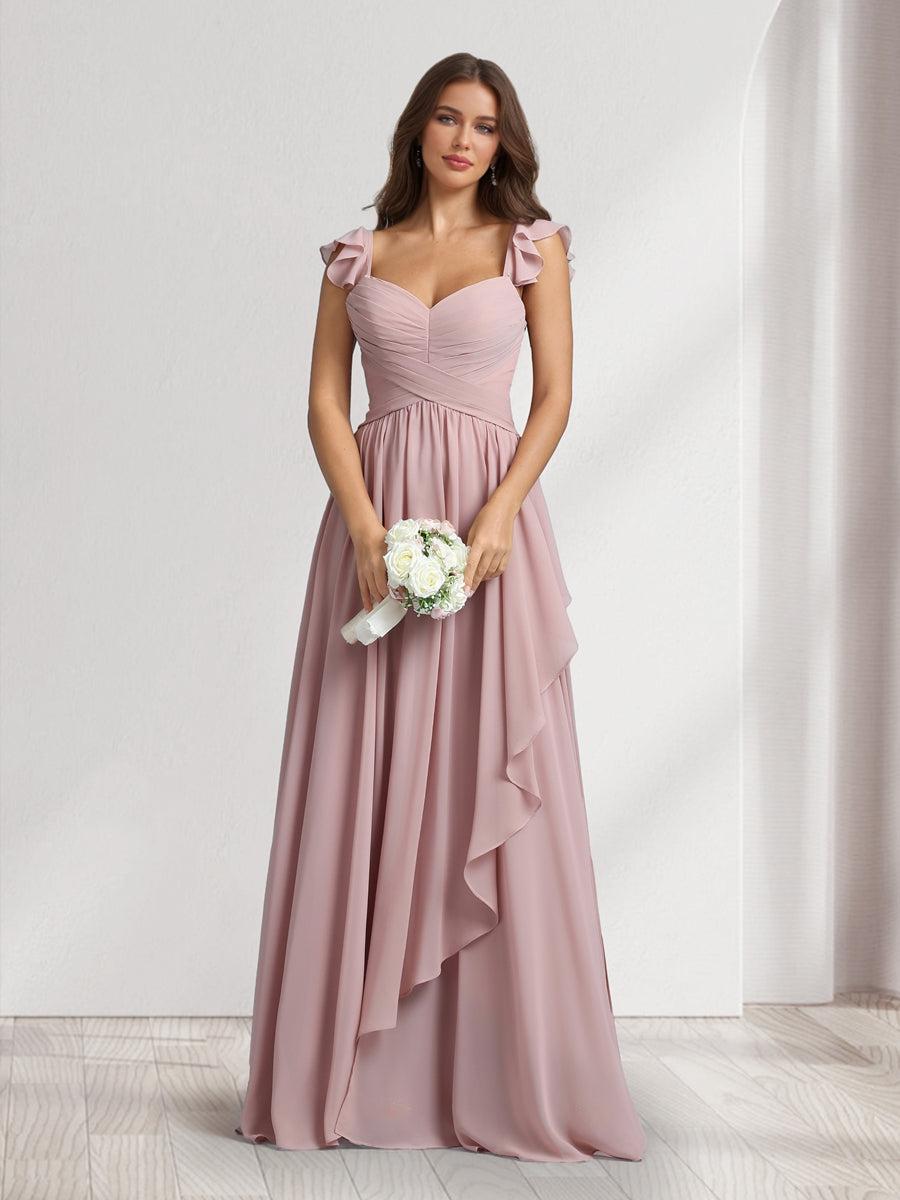 A-Line/Princess V-Neck Spaghetti Straps Sleeveless Floor-Length Bridesmaid Dresses With Ruffles & Pleats