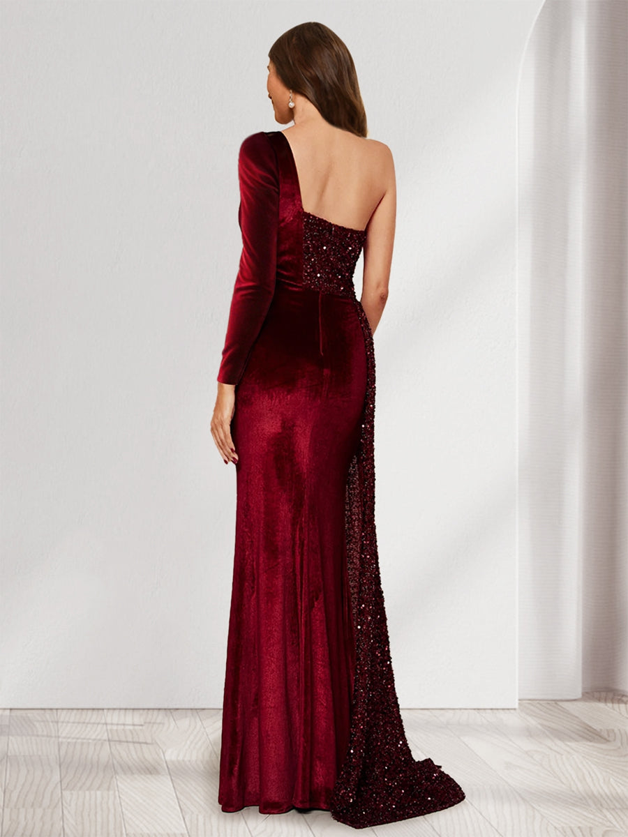 Sheath/Column One-Shoulder Floor-Length Velvet Evening Dresses with Sequins & Split Side