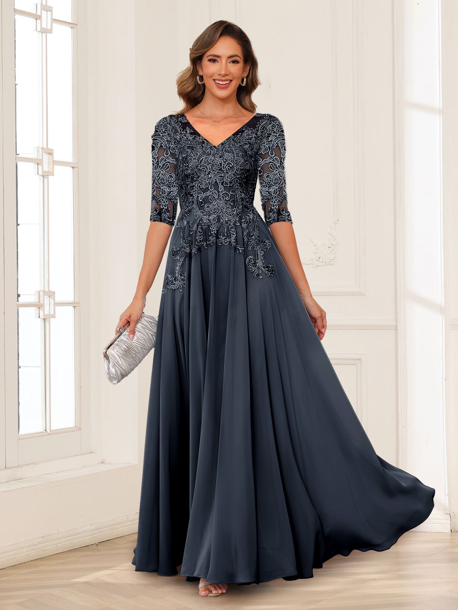 V Neck Grey Bridesmaid Dresses Long Sleeve Light Gray V Neck