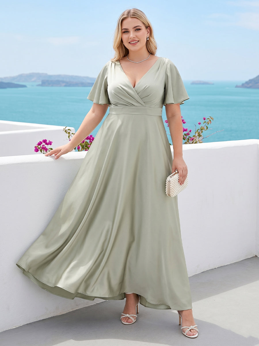 2026 Sage Silk Satin Bridesmaid Dresses Plus Size A-Line V-Neck Short Sleeves Elegant Long Formal Evening Party Gowns with Pockets