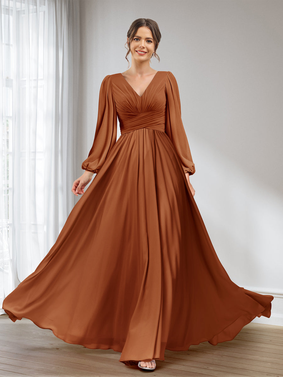 A-Line/Princess V-Neck Long Sleeves Chiffon Long Bridesmaid