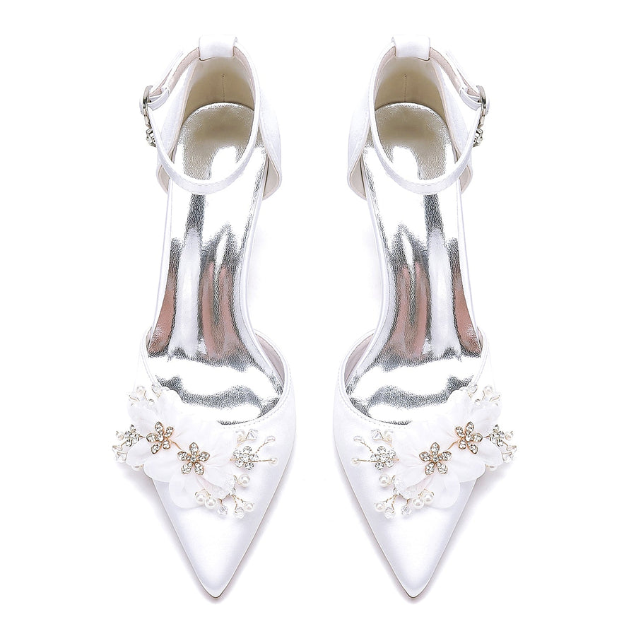 Women's Silk Satin With Ankle Strap Flower Closed Toe Stiletto Heel Evening Shoes