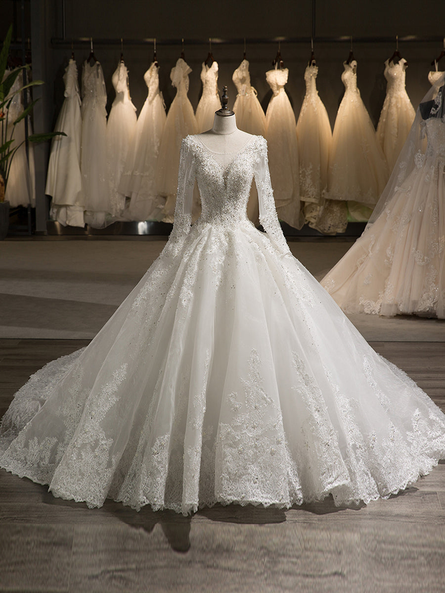 Lavetir Scoop Long Sleeves Tulle Applique With Beading Chapel Train Ball Gown Wedding Dresses 2026