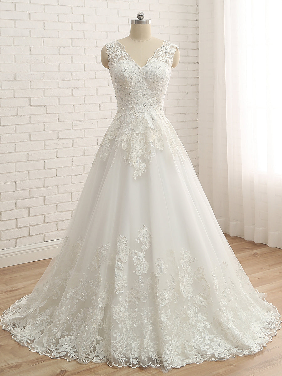 Ivory Formal Wedding Dresses for Women Romantic Lace Appliques A-Line V-Neck Sleeveless Tulle Floor-Length Bridal Ball Gowns