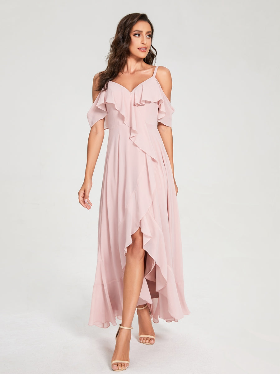 A-Line/Princess Chiffon Spaghetti Straps V-Neck Short Sleeves With Ruf – Lavetir