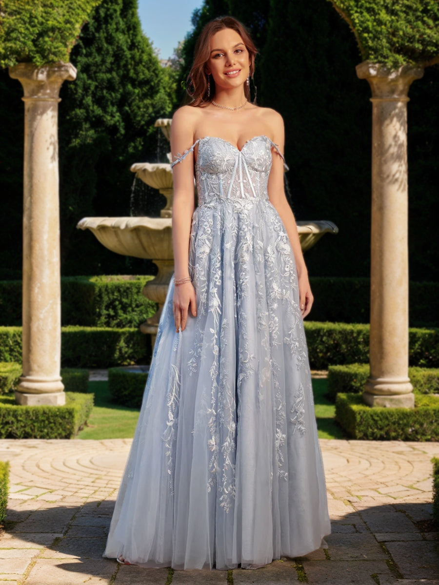 Lavetir Prom Dresses Elegant Women's Appliques A-Line Sweetheart Sleeveless Tulle Floor-Length Wedding Party Evening Gowns