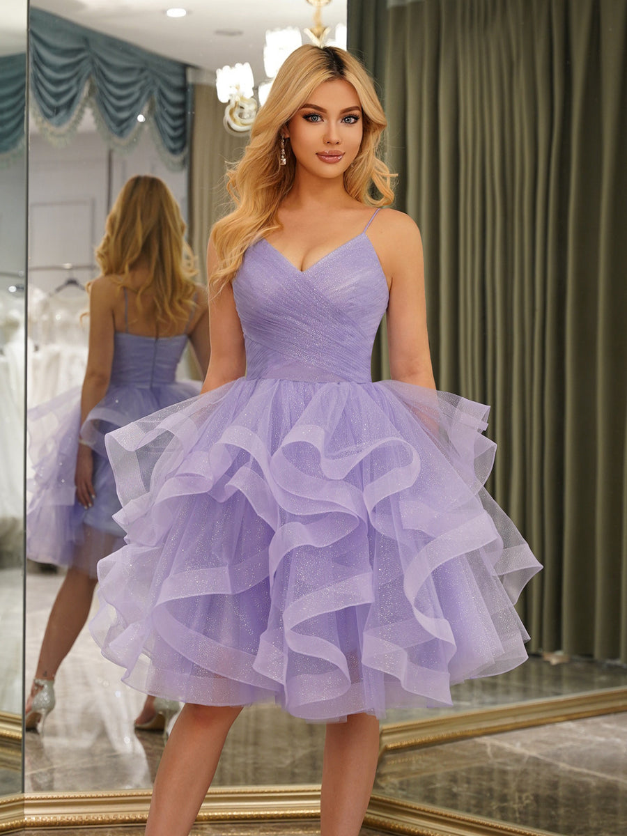 Lavetir Light Purple Spaghetti Straps Sleeveless Knee-Length Ball Gown Dresses with Ruffles 2026