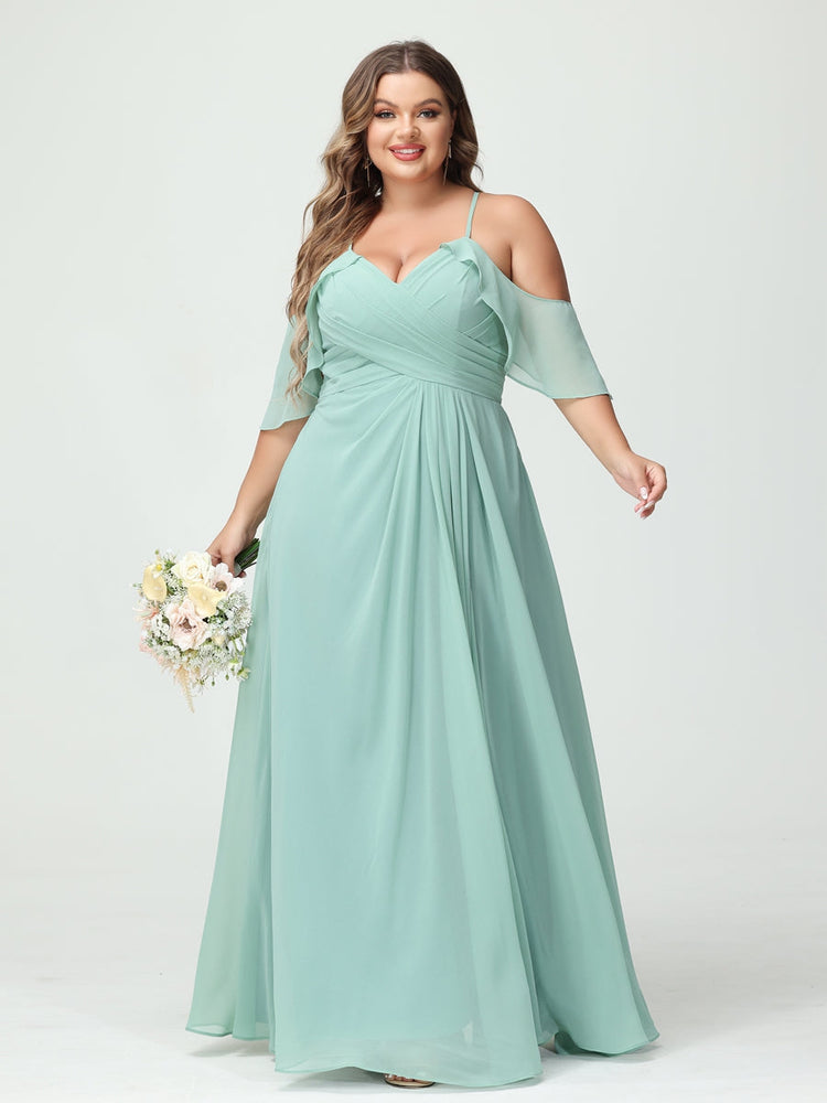 A-Line/Princess Spaghetti Straps Short Sleeves Chiffon Ruched Split Side Plus Size Bridesmaid Dresses with Pockets