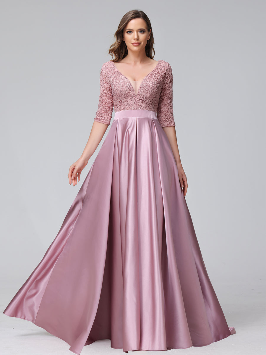 Lavetir Bridesmaid Dresses Pink A-Line V-Neck Half Sleeves Applique Long Satin With Split Side Pockets 2026