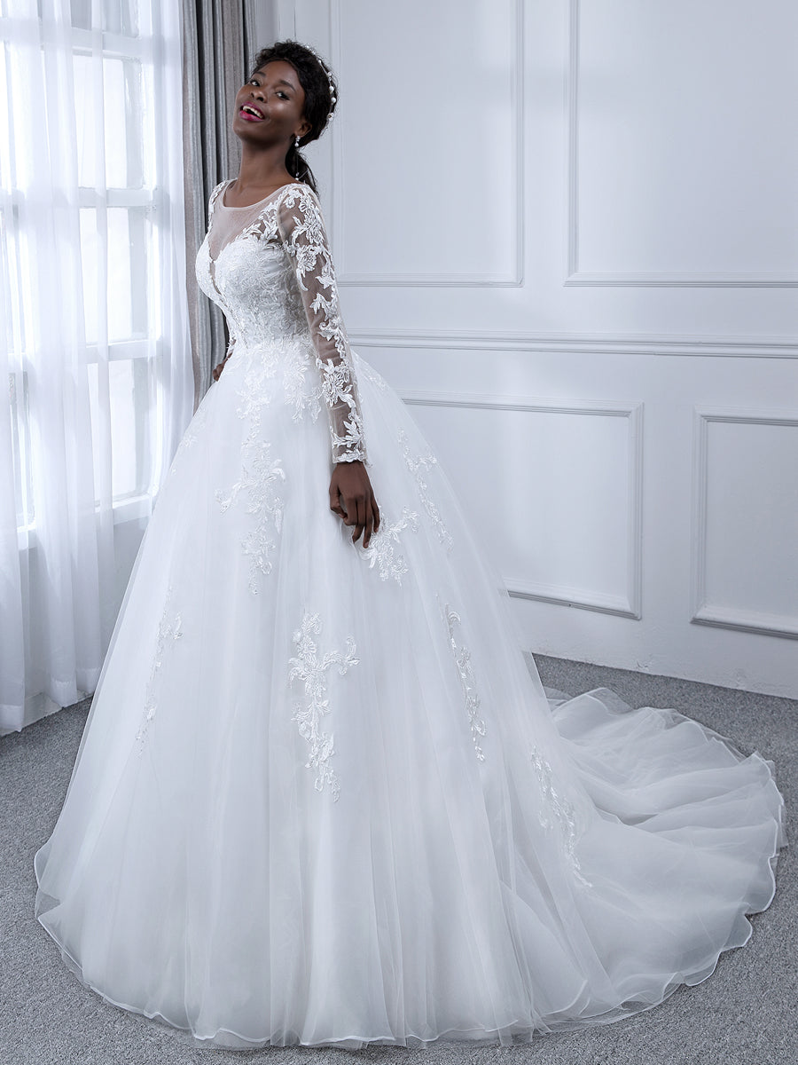 Tulle Formal Wedding Dresses White Women's Appliques Ball Gown Sheer Neck Long Sleeves Gorgeous Floor-Length Bridal Ball Gowns