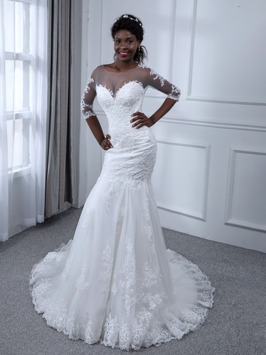 Wedding Dresses Romantic Mermaid/Trumpet Sheer Neck 3/4 Sleeves Long Tulle Formal Wedding Party Evening Gowns with Appliques