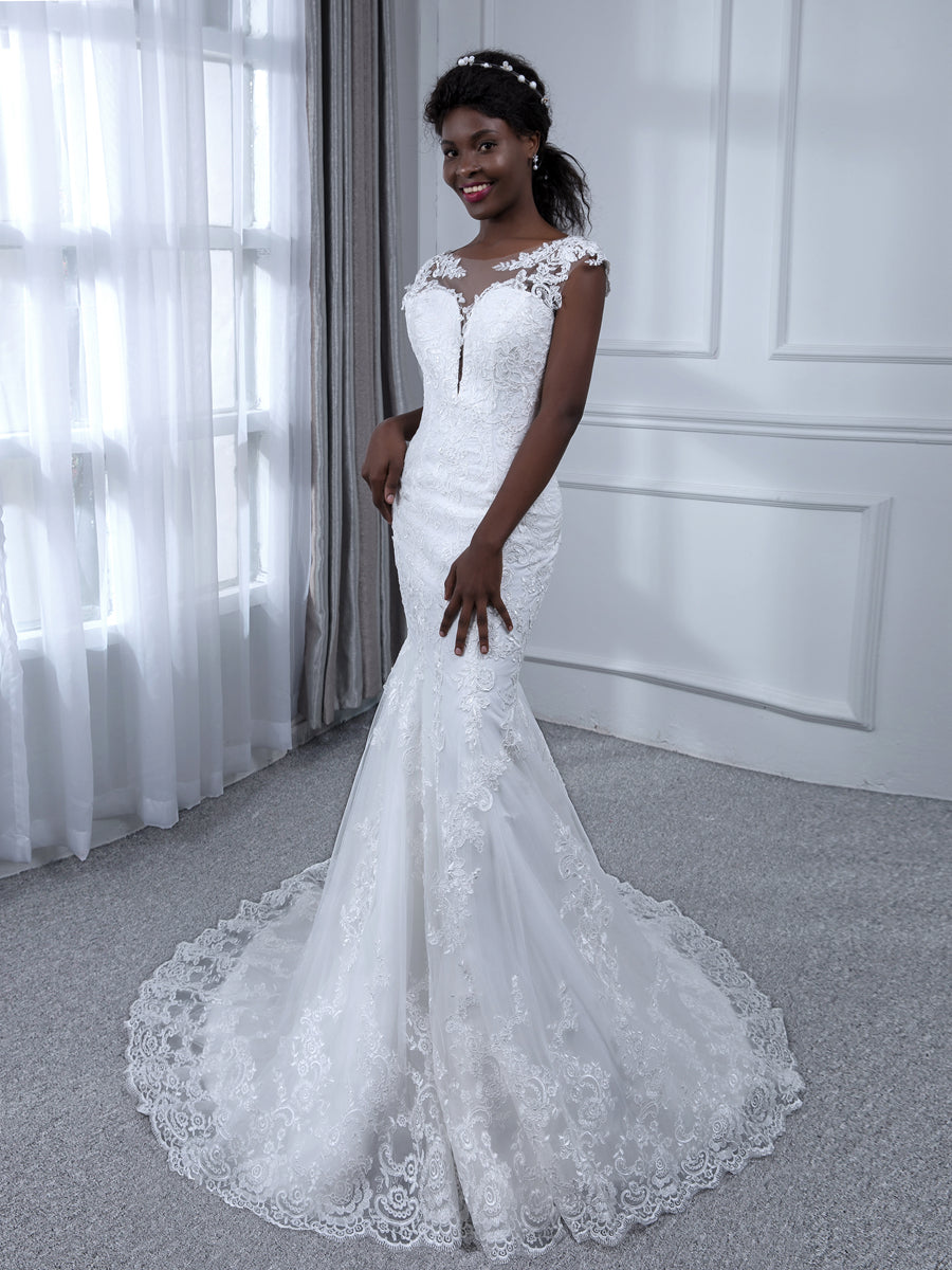 White Bridal Dresses Chic Women's Applique Mermaid/Trumpet Scoop Neck Short Sleeves Floor-Length Tulle Formal Wedding Gowns