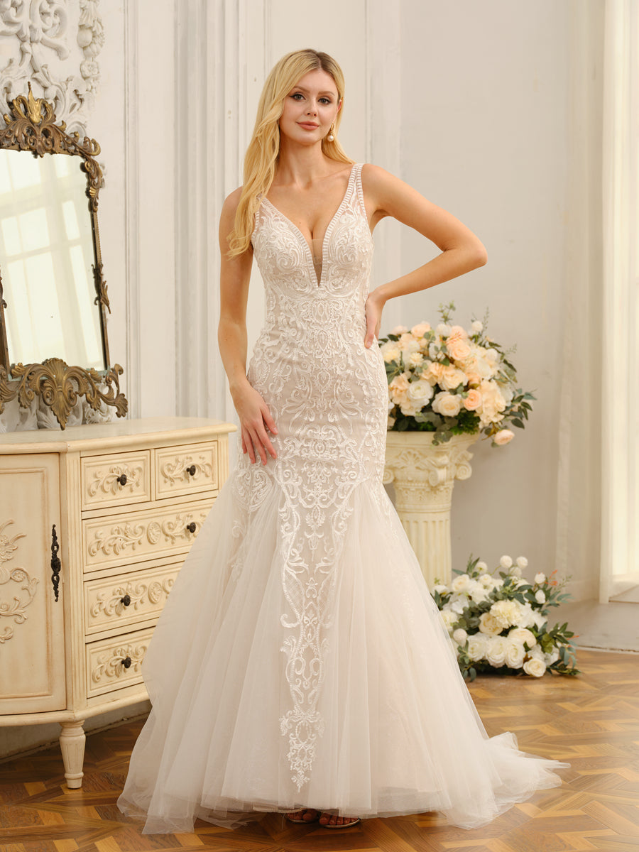 2026 Appliques Wedding Dresses Ivory Women's Elegant Mermaid/Trumpet Deep V-Neck Sleeveless Floor-Length Bridal Ball Gowns 2026 Appliques Wedding Dresses Ivory Women's Elegant Mermaid/Trumpet Deep V-Neck Sleeveless Floor-Length Bridal Ball Gowns