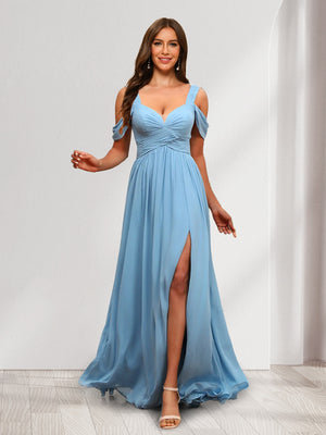 A-Line Cold Shoulder Split Side Ruched Floor-Length Chiffon Bridesmaid Dresses