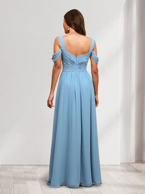 A-Line Cold Shoulder Split Side Ruched Floor-Length Chiffon Bridesmaid Dresses