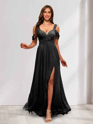 A-Line Cold Shoulder Split Side Ruched Floor-Length Chiffon Bridesmaid Dresses