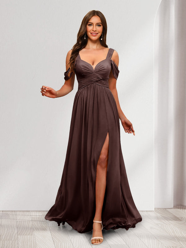 A-Line Cold Shoulder Split Side Ruched Floor-Length Chiffon Bridesmaid Dresses