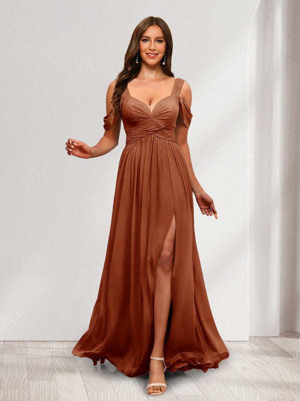 A-Line Cold Shoulder Split Side Ruched Floor-Length Chiffon Bridesmaid Dresses