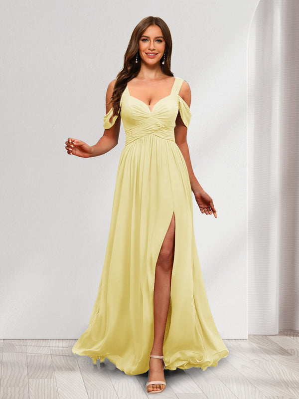 A-Line Cold Shoulder Split Side Ruched Floor-Length Chiffon Bridesmaid Dresses