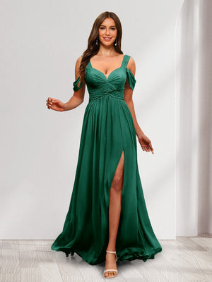 A-Line Cold Shoulder Split Side Ruched Floor-Length Chiffon Bridesmaid Dresses