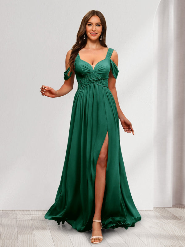 A-Line Cold Shoulder Split Side Ruched Floor-Length Chiffon Bridesmaid Dresses