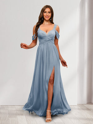 A-Line Cold Shoulder Split Side Ruched Floor-Length Chiffon Bridesmaid Dresses
