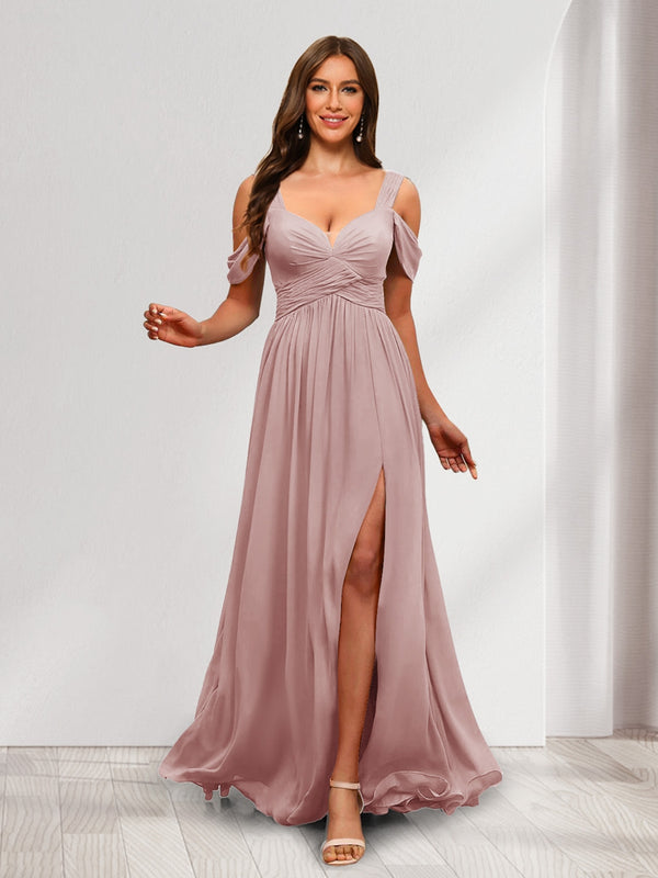 A-Line Cold Shoulder Split Side Ruched Floor-Length Chiffon Bridesmaid Dresses