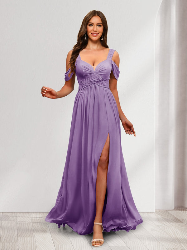 A-Line Cold Shoulder Split Side Ruched Floor-Length Chiffon Bridesmaid Dresses