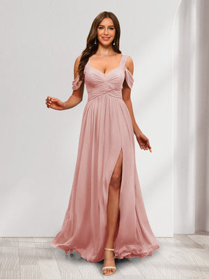 A-Line Cold Shoulder Split Side Ruched Floor-Length Chiffon Bridesmaid Dresses
