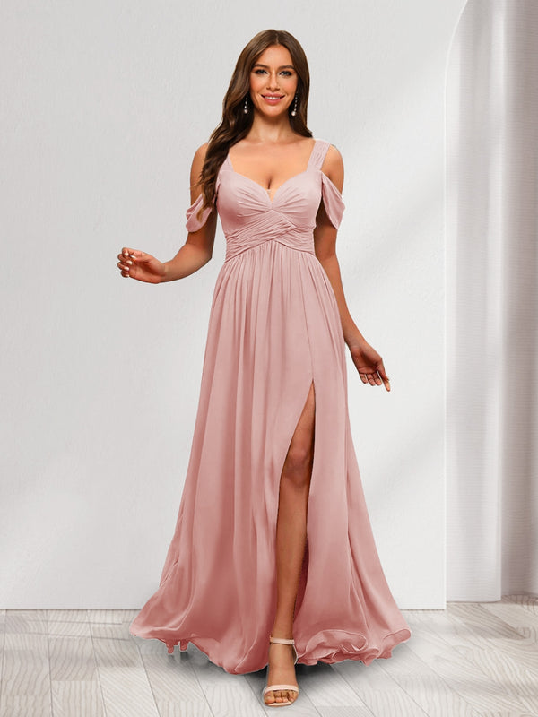 A-Line Cold Shoulder Split Side Ruched Floor-Length Chiffon Bridesmaid Dresses