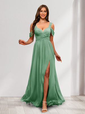 A-Line Cold Shoulder Split Side Ruched Floor-Length Chiffon Bridesmaid Dresses