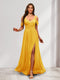 A-Line Cold Shoulder Split Side Ruched Floor-Length Chiffon Bridesmaid Dresses