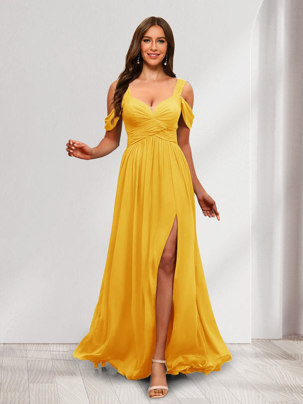 A-Line Cold Shoulder Split Side Ruched Floor-Length Chiffon Bridesmaid Dresses