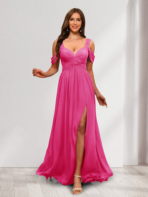 A-Line Cold Shoulder Split Side Ruched Floor-Length Chiffon Bridesmaid Dresses