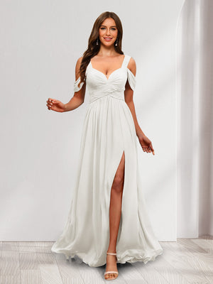 A-Line Cold Shoulder Split Side Ruched Floor-Length Chiffon Bridesmaid Dresses