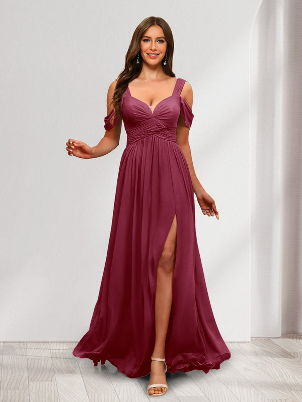 A-Line Cold Shoulder Split Side Ruched Floor-Length Chiffon Bridesmaid Dresses