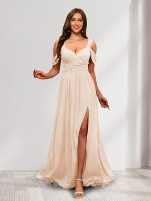A-Line Cold Shoulder Split Side Ruched Floor-Length Chiffon Bridesmaid Dresses