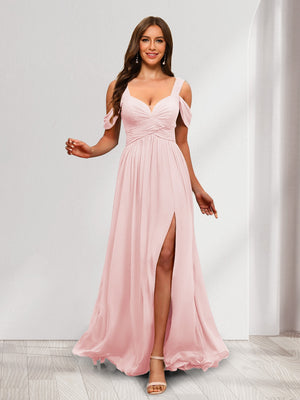 A-Line Cold Shoulder Split Side Ruched Floor-Length Chiffon Bridesmaid Dresses