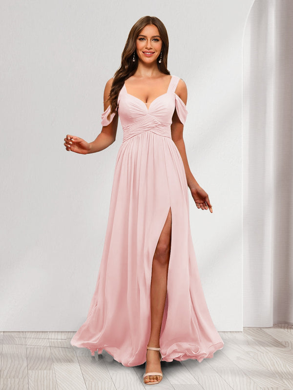 A-Line Cold Shoulder Split Side Ruched Floor-Length Chiffon Bridesmaid Dresses