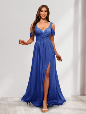 A-Line Cold Shoulder Split Side Ruched Floor-Length Chiffon Bridesmaid Dresses