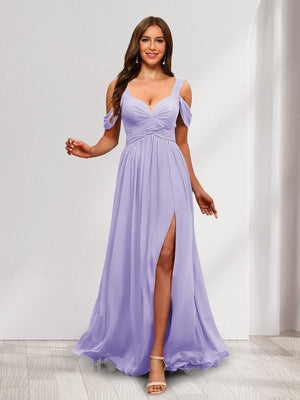 A-Line Cold Shoulder Split Side Ruched Floor-Length Chiffon Bridesmaid Dresses