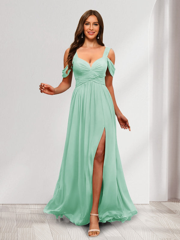A-Line Cold Shoulder Split Side Ruched Floor-Length Chiffon Bridesmaid Dresses