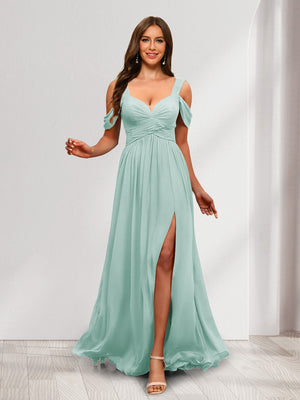 A-Line Cold Shoulder Split Side Ruched Floor-Length Chiffon Bridesmaid Dresses