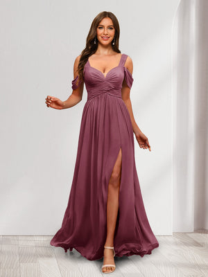 A-Line Cold Shoulder Split Side Ruched Floor-Length Chiffon Bridesmaid Dresses