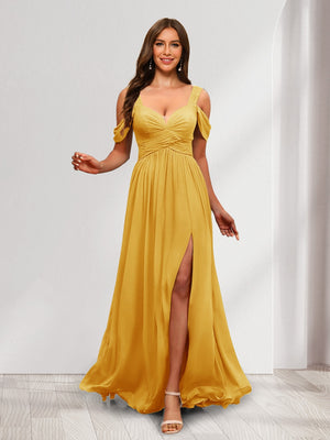 A-Line Cold Shoulder Split Side Ruched Floor-Length Chiffon Bridesmaid Dresses